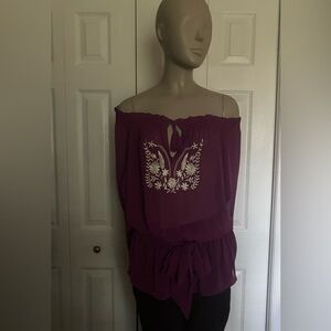 Saint Tropez West Purple Off-Shoulder Blouse with White Embroidery